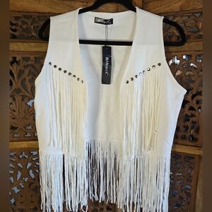 Allegra K White Fringe Tank Top with Stud Accents